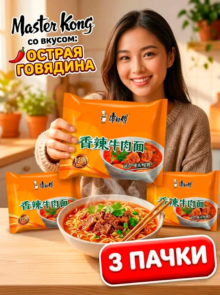 Лапша Master Kong в м/у острая говядина, 104гр. х 3 шт. - 图片 2